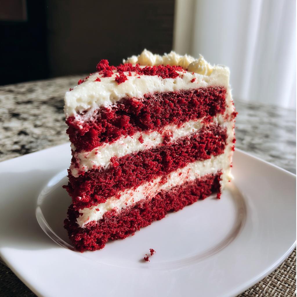 Close-up of a slice of 45-Minute Red Velvet Surprise Cake with cream cheese frosting on a white plate.