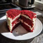 A slice of a delicious Red Velvet Heart‑Shaped Cake on a white plate, showing the layers.