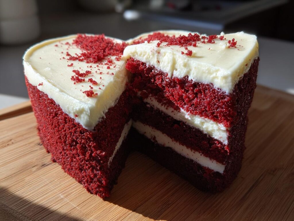 Close-up of a slice of Red Velvet Heart‑Shaped Cake with cream cheese frosting.