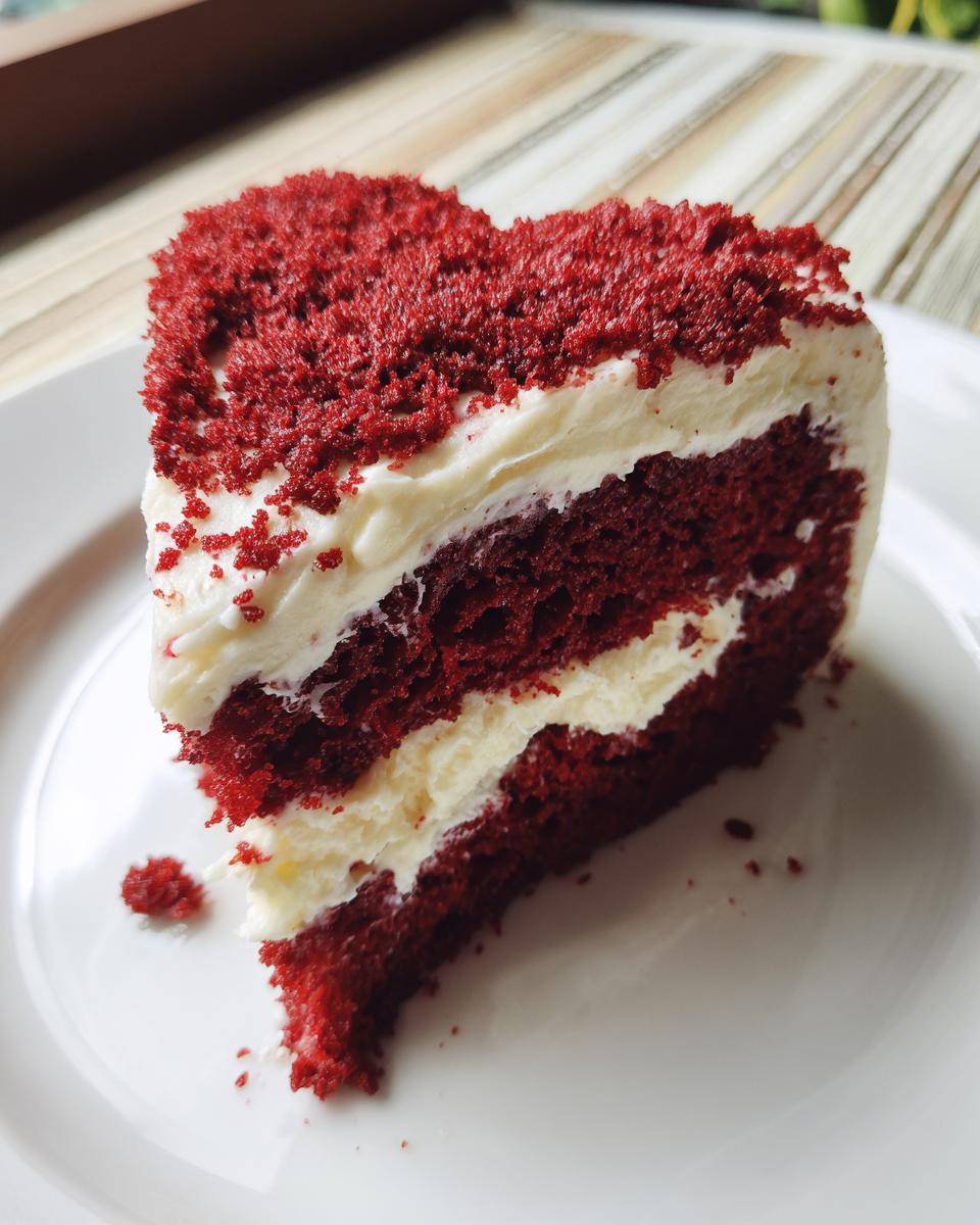 A slice of delicious Red Velvet Heart‑Shaped Cake with cream cheese frosting on a white plate.