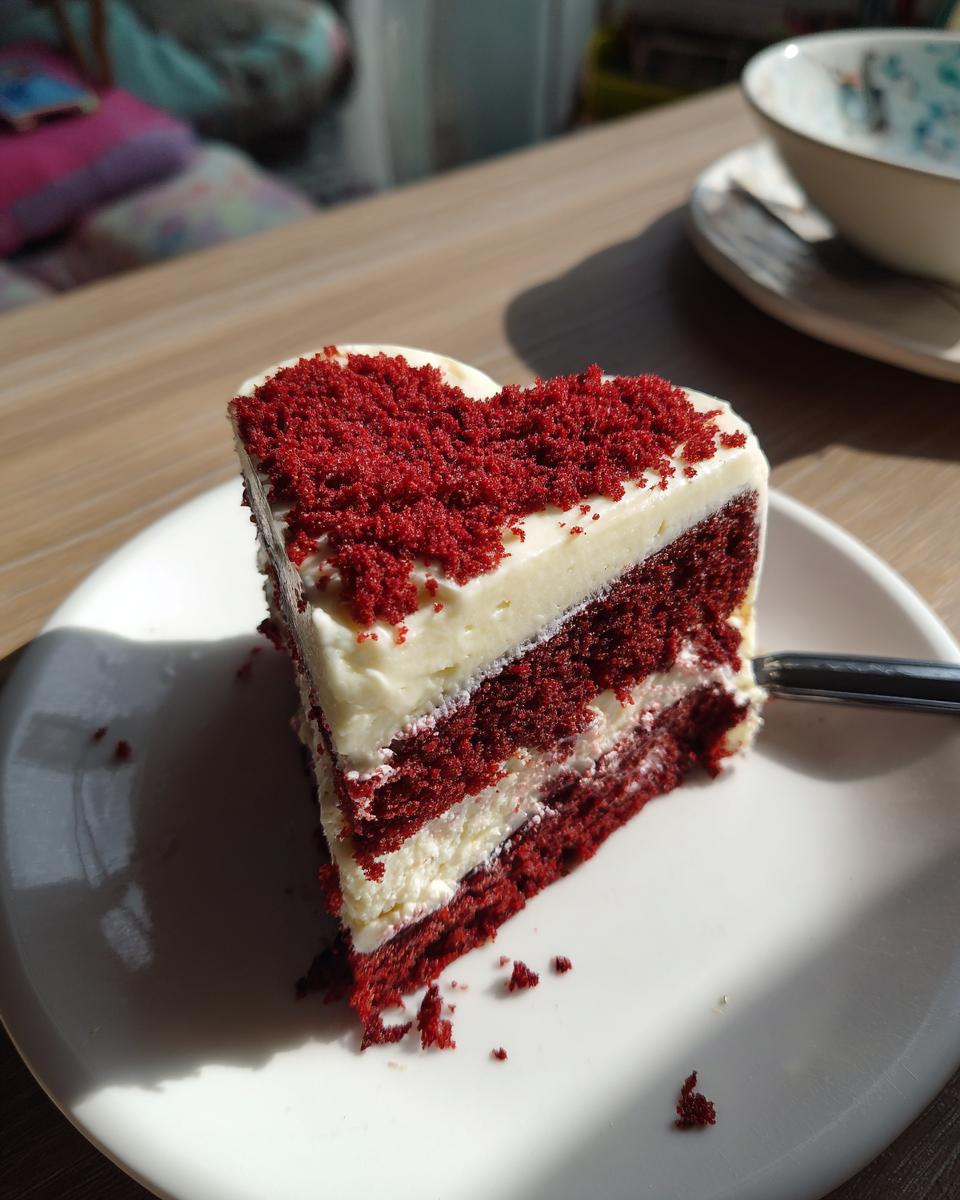 A slice of delicious Red Velvet Heart‑Shaped Cake on a white plate, ready to be enjoyed.