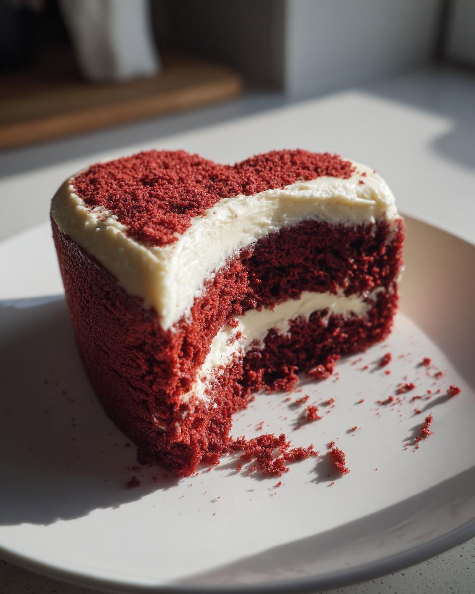 A slice of delicious Red Velvet Heart‑Shaped Cake with cream cheese frosting on a white plate.