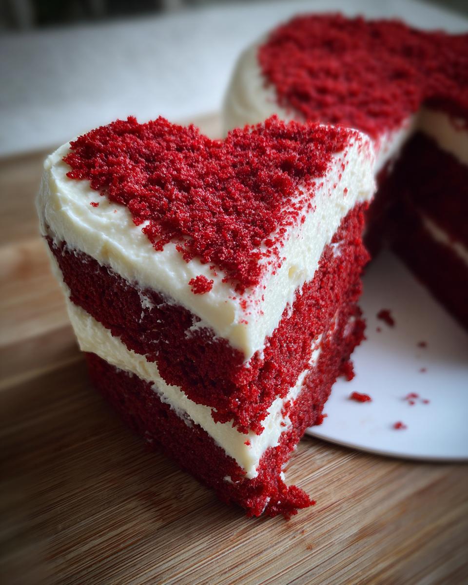 A slice of delicious Red Velvet Heart‑Shaped Cake with cream cheese frosting, perfect for sharing.