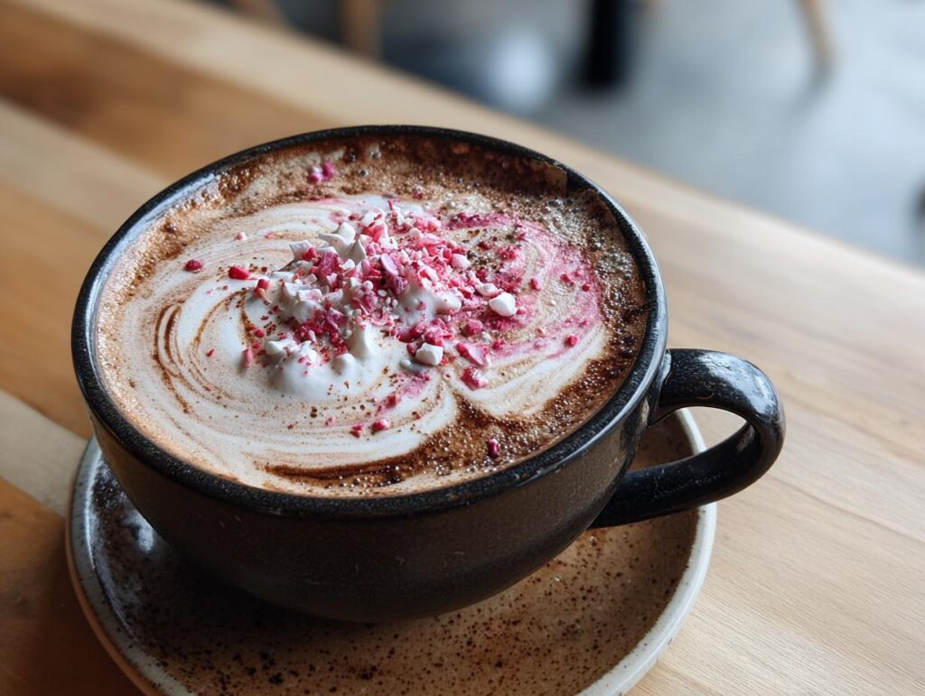 Close-up of a Red Velvet Hot Chocolate Latte in a black mug, topped with whipped cream and sprinkles.