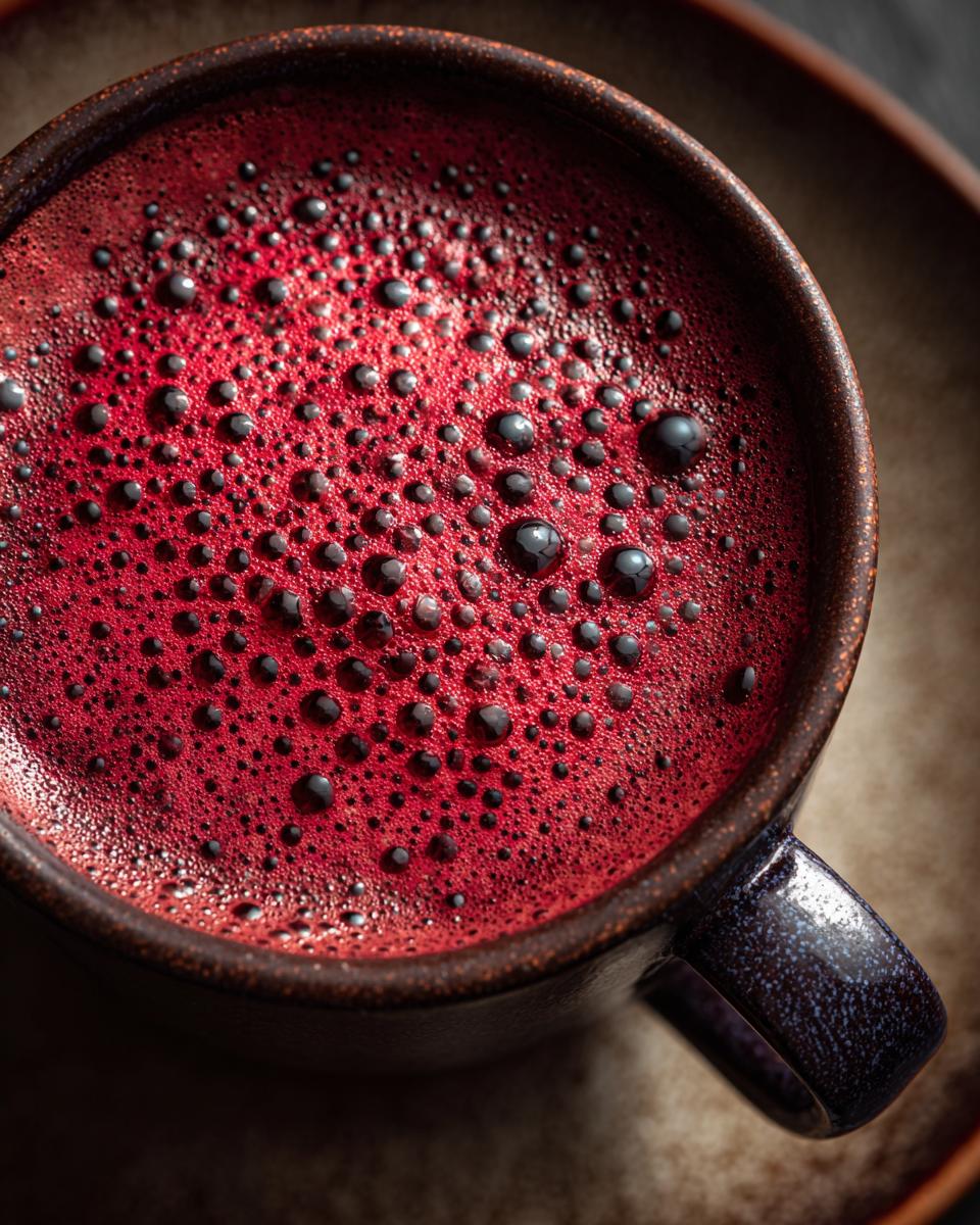 Close-up of a mug filled with a Red Velvet Hot Chocolate Latte, showing the foamy texture.