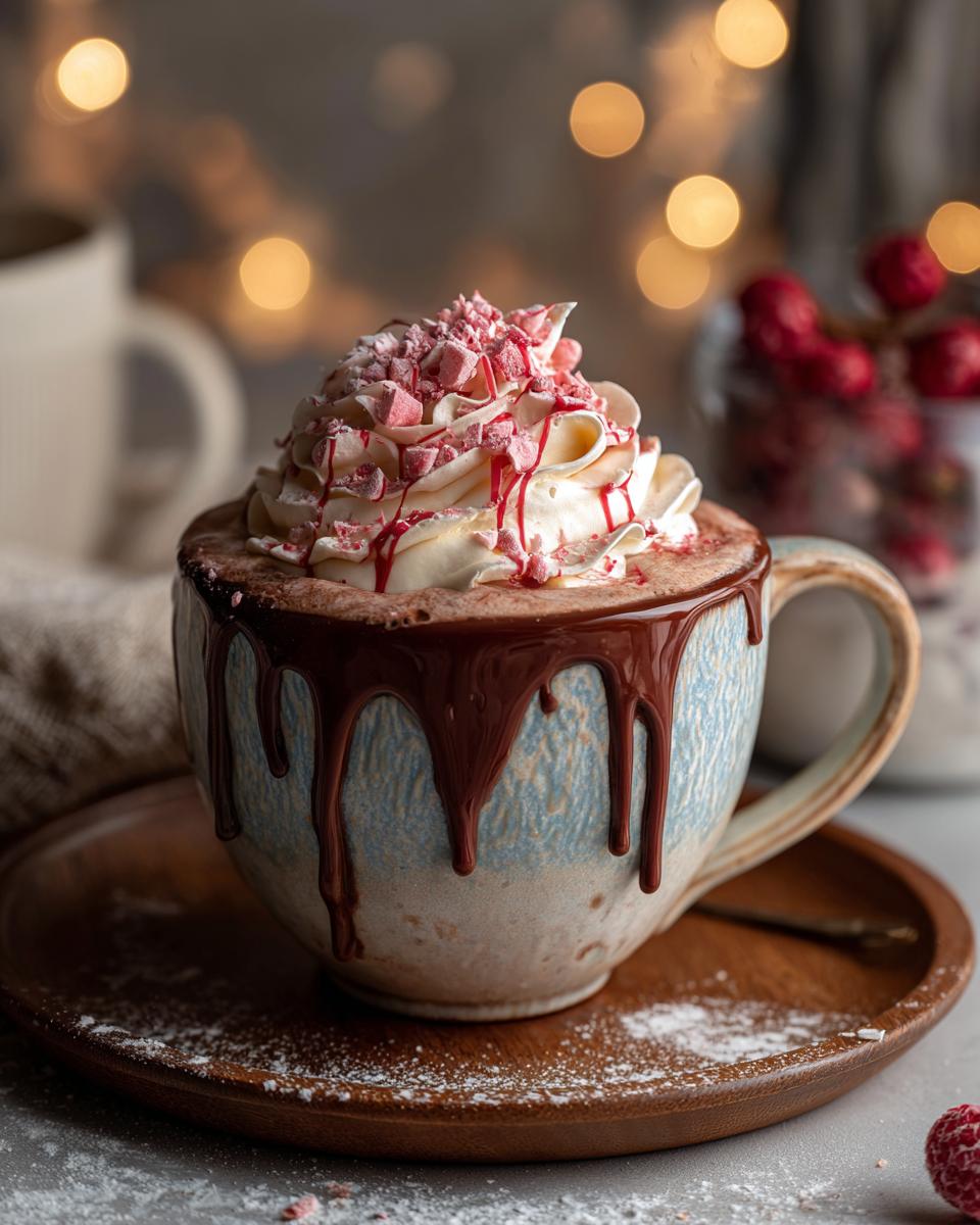 Close-up of a Red Velvet Hot Chocolate Latte in a mug, topped with whipped cream and sprinkles.
