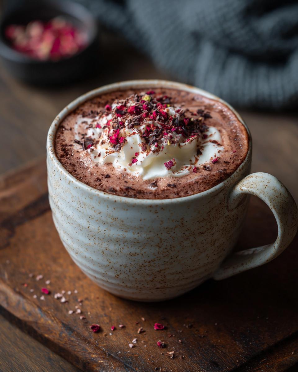 Close-up of a mug of Red Velvet Hot Chocolate Latte with whipped cream and toppings.