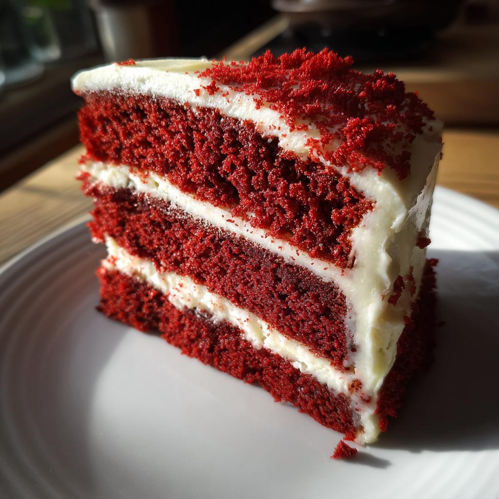 Close-up of a slice of 45-Minute Red Velvet Surprise Cake with cream cheese frosting on a white plate.