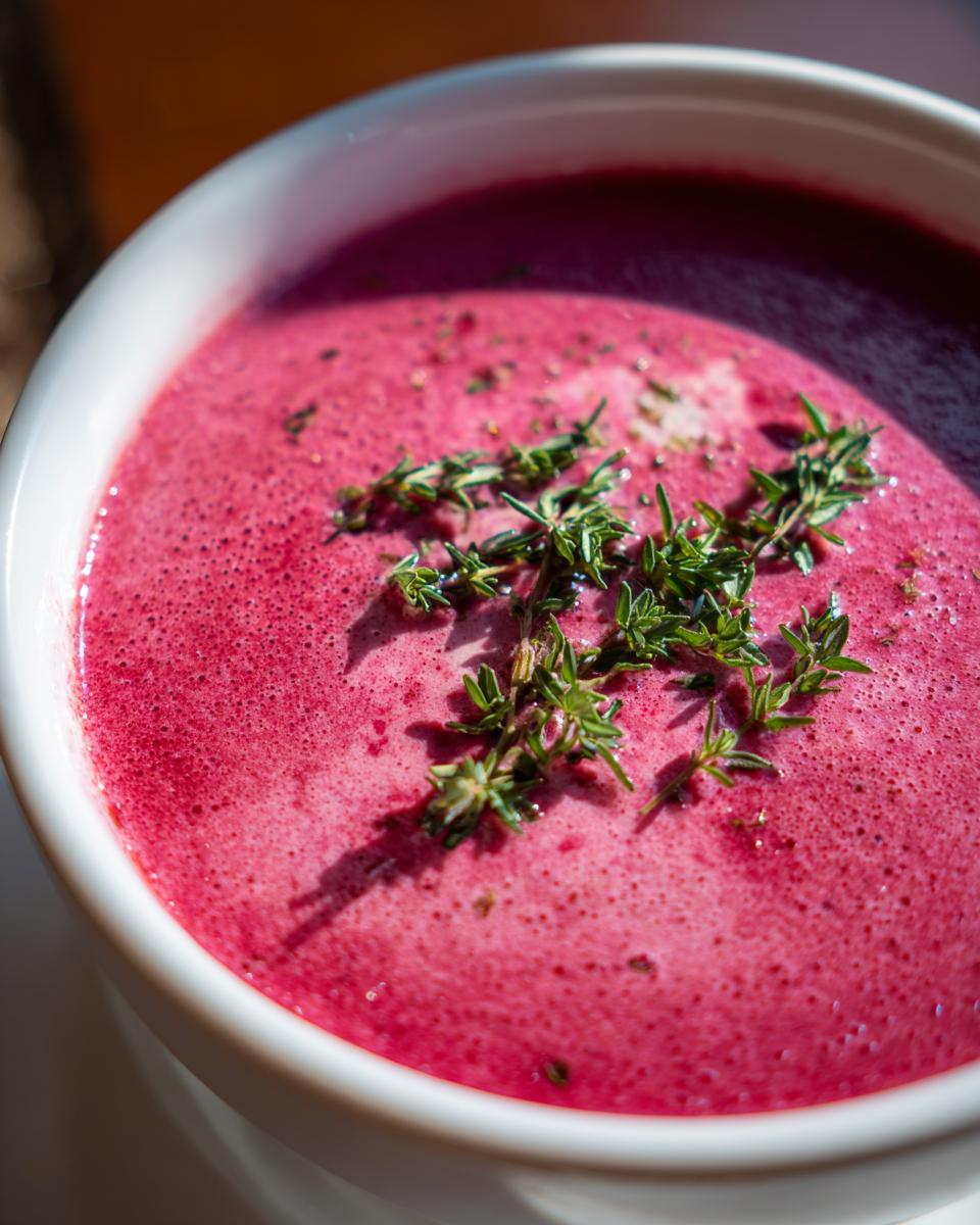 Close-up of a bowl of Roasted Beet and Goat Cheese Soup, garnished with fresh herbs.