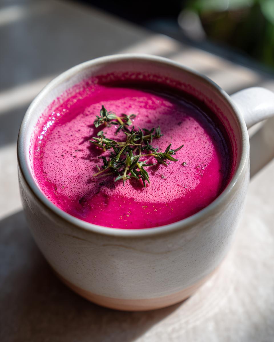 Close-up of a mug filled with Roasted Beet and Goat Cheese Soup, garnished with herbs.