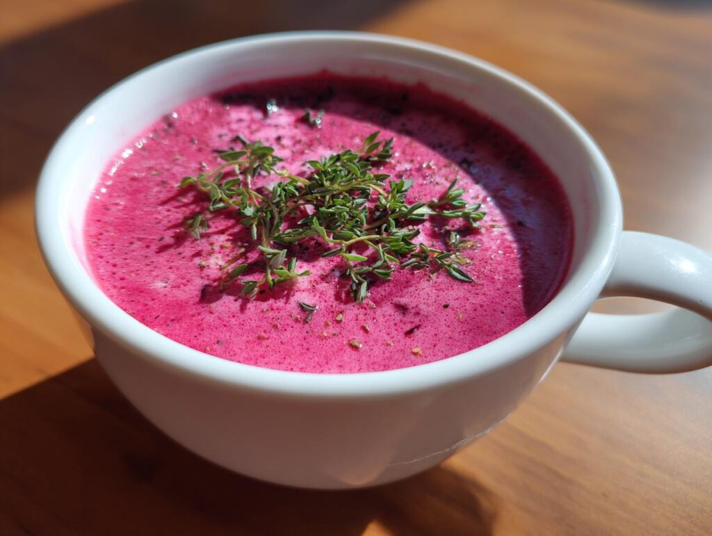 Close-up of a mug filled with Roasted Beet and Goat Cheese Soup, garnished with fresh herbs.