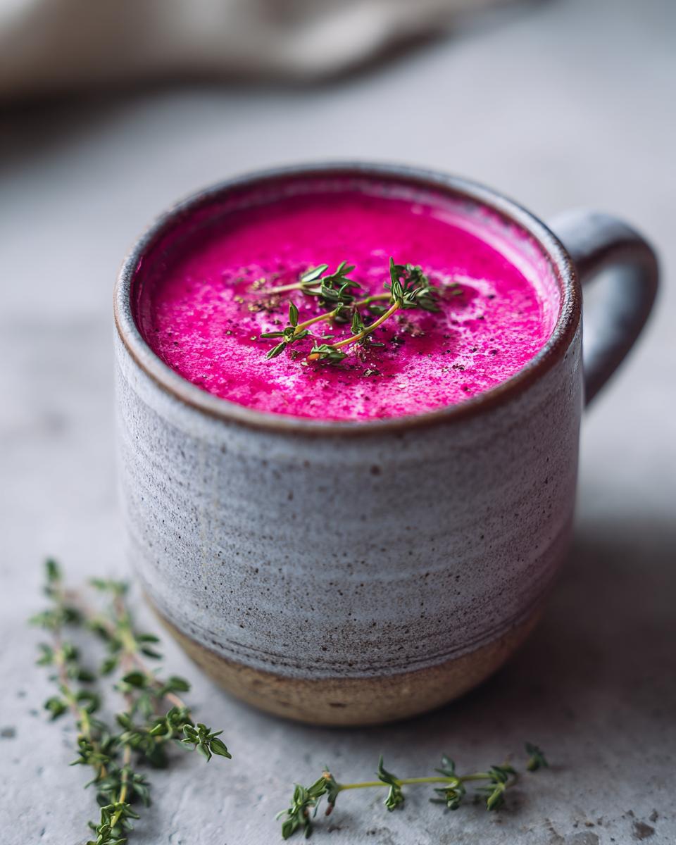 Close-up of a mug filled with Roasted Beet and Goat Cheese Soup, garnished with thyme.