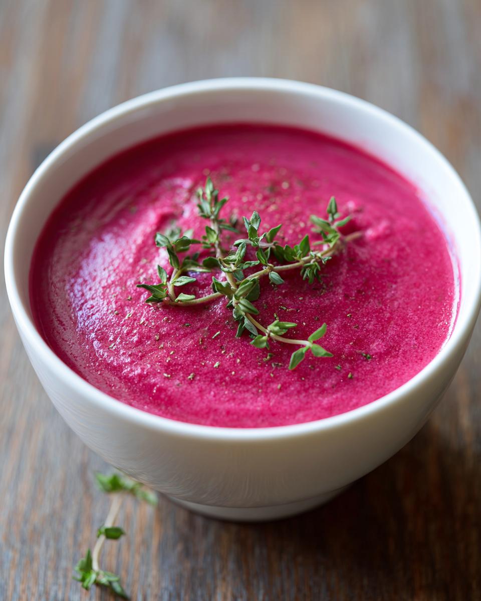 A bowl of vibrant pink Roasted Beet and Goat Cheese Soup, garnished with fresh thyme.