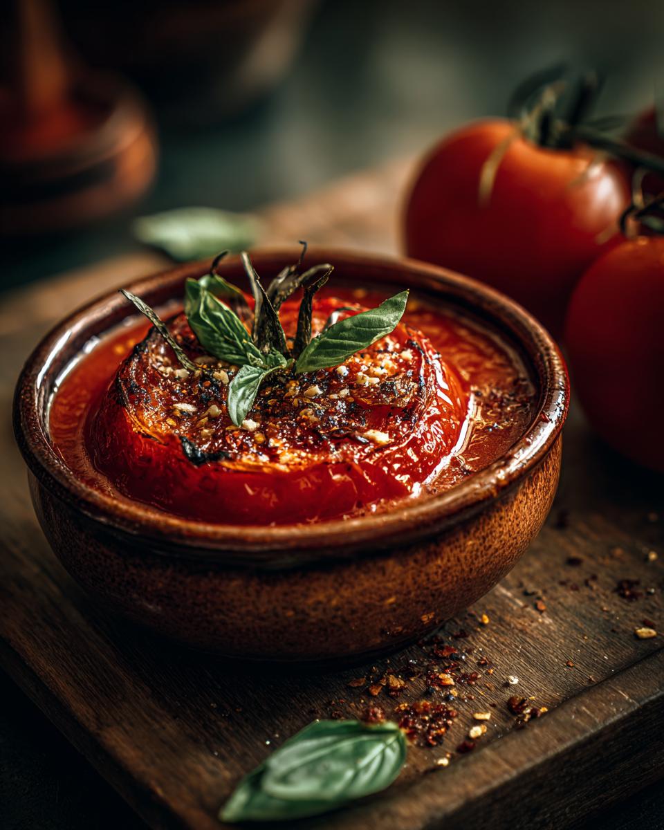 Close-up of a bowl of Roasted Red Pepper and Tomato Soup, garnished with basil, on a wooden board.