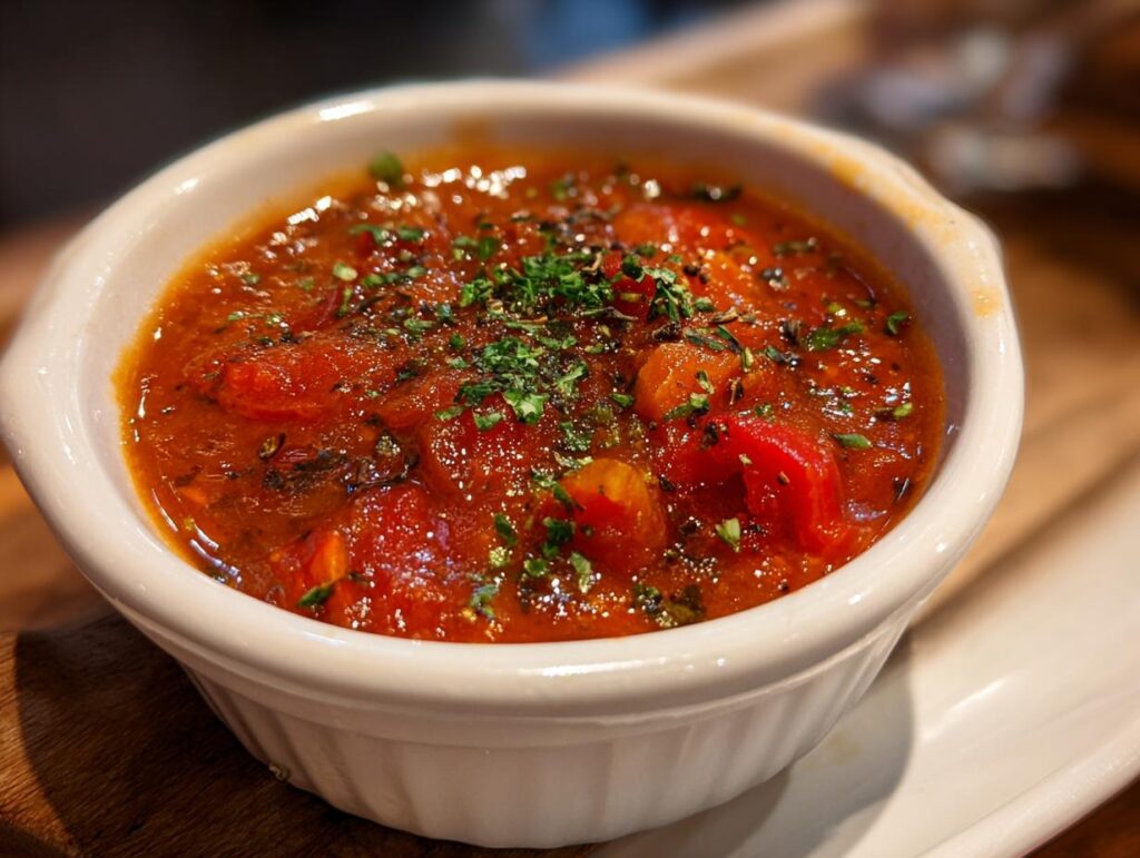 Close-up of a bowl of Roasted Red Pepper and Tomato Soup, garnished with herbs.