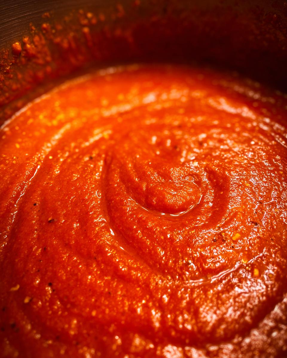 Close-up of smooth, creamy Roasted Red Pepper and Tomato Soup in a pot.