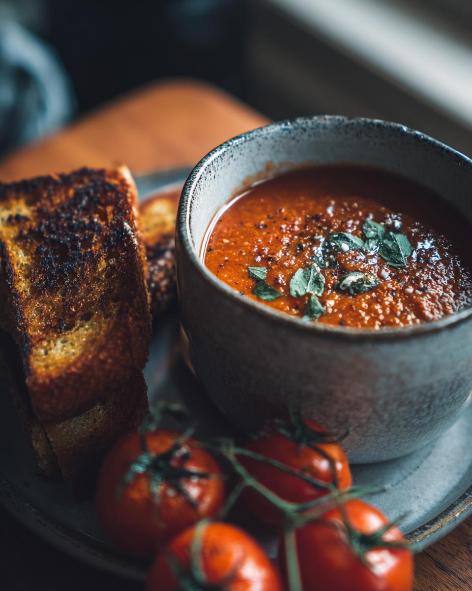 A bowl of Roasted Red Pepper and Tomato Soup with grilled bread and fresh tomatoes.