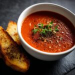 Close-up of a bowl of Roasted Red Pepper and Tomato Soup with toasted bread.