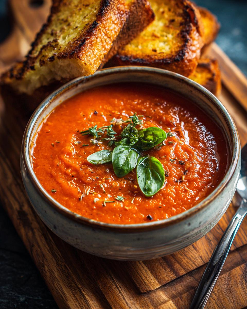 A bowl of Roasted Red Pepper and Tomato Soup with fresh basil and toasted bread.