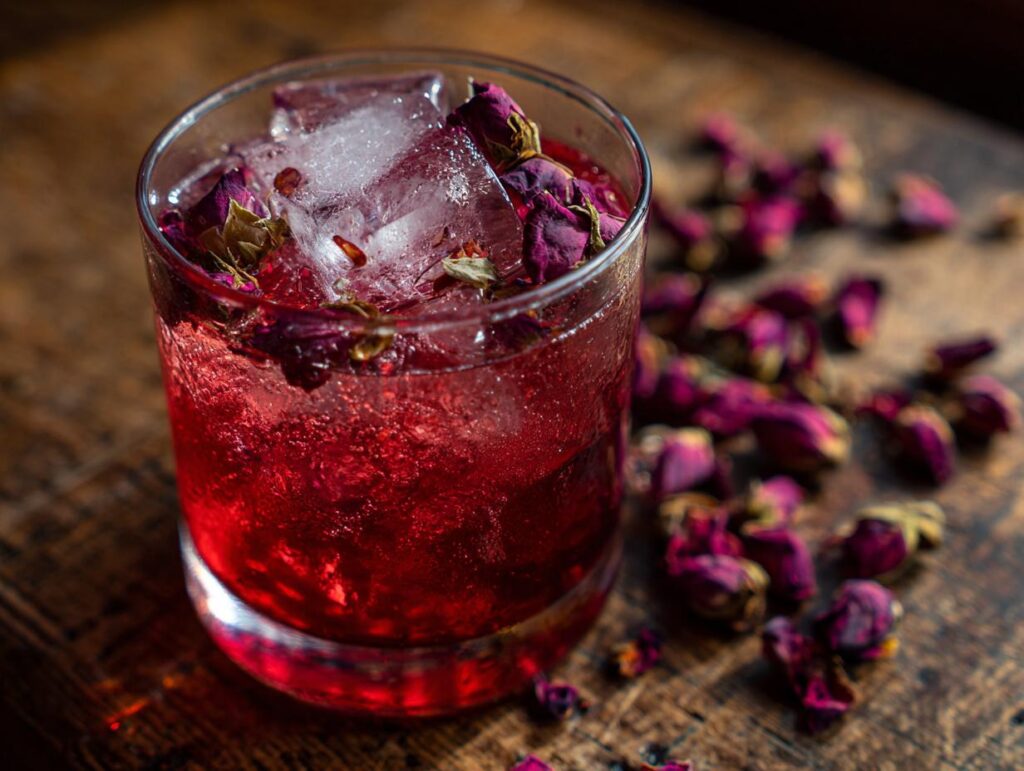 A vibrant Rose Petal Gin and Tonic cocktail in a glass with ice and rose petals.