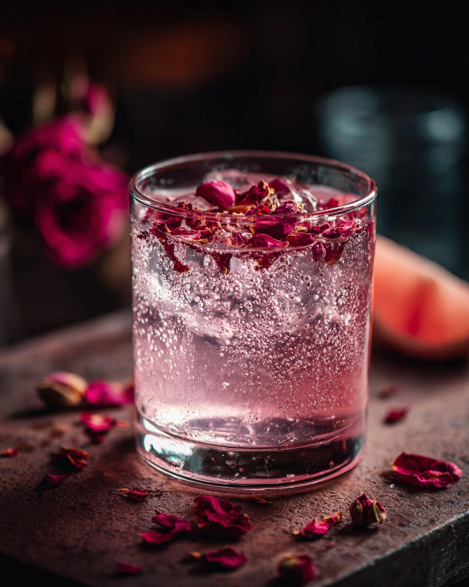 Close-up of a Rose Petal Gin and Tonic cocktail with rose petals and ice.