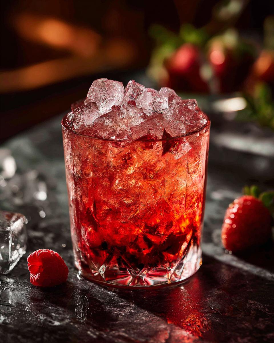 Close-up of a refreshing Rose Petal Gin and Tonic cocktail, garnished with ice and berries.