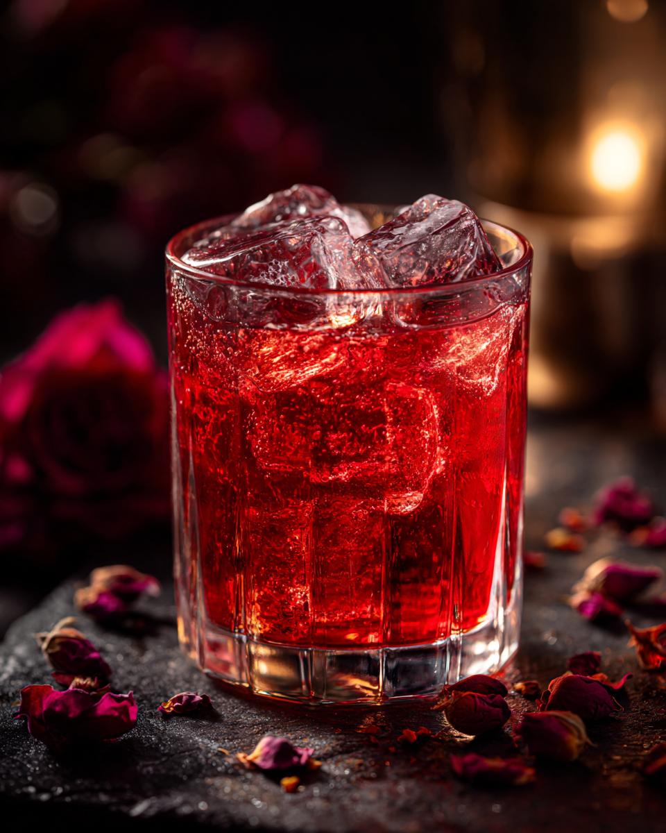 Close-up of a vibrant Rose Petal Gin and Tonic cocktail with ice and rose petals.
