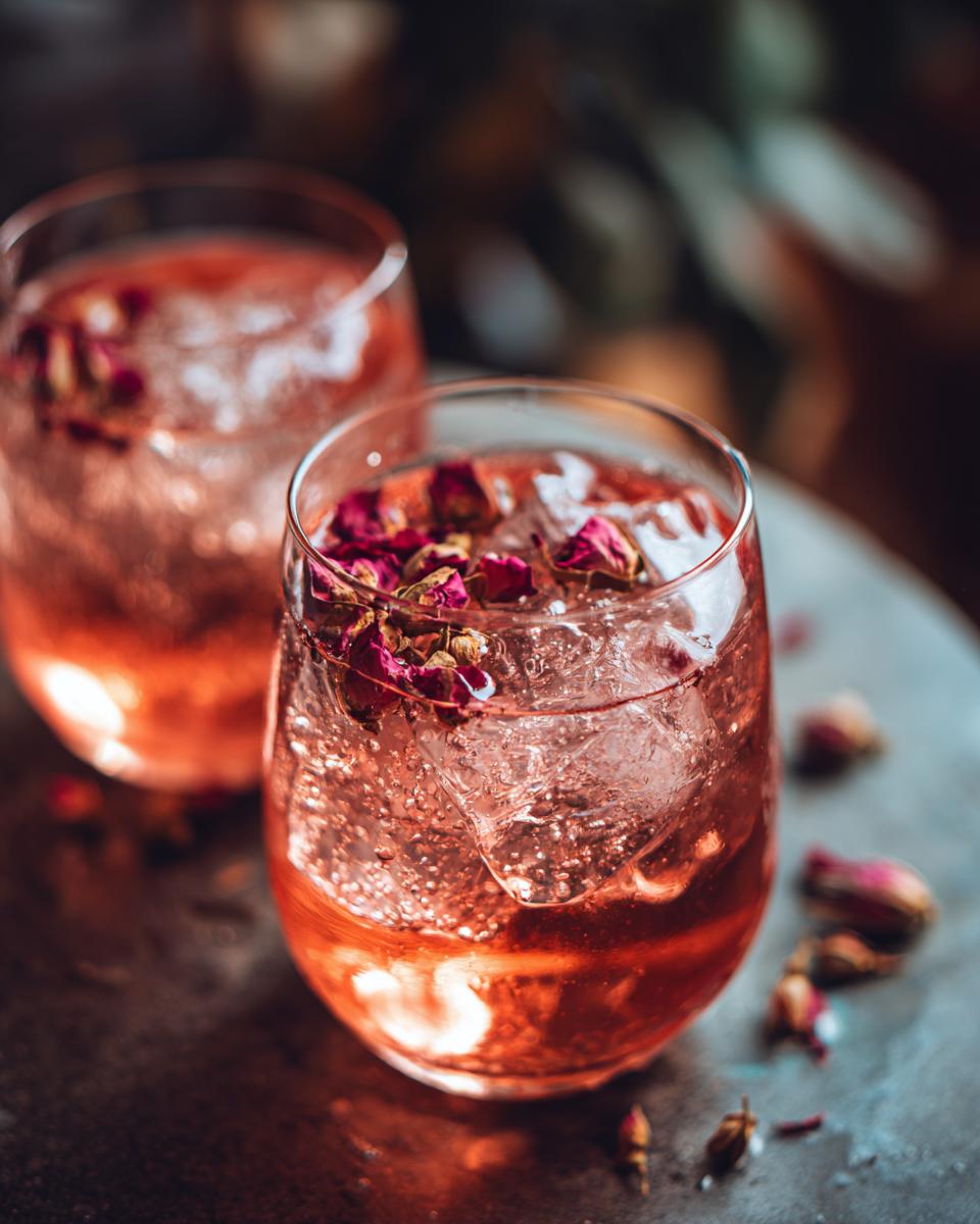 Two glasses of Rose Petal Gin and Tonic cocktails garnished with rose petals and ice.