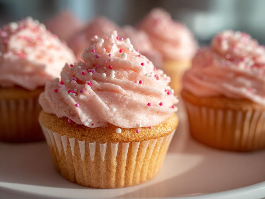 Close-up of a Rosé Velvet Mini Cupcake with pink frosting and sprinkles, in focus with others blurred in the background.