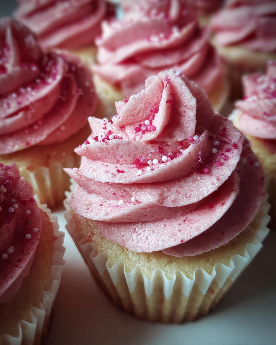 Close-up of Rosé Velvet Mini Cupcakes with pink frosting and sprinkles, perfect for a treat.