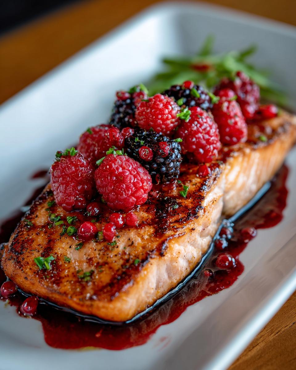 Close-up of seared salmon with raspberry balsamic glaze and fresh berries.