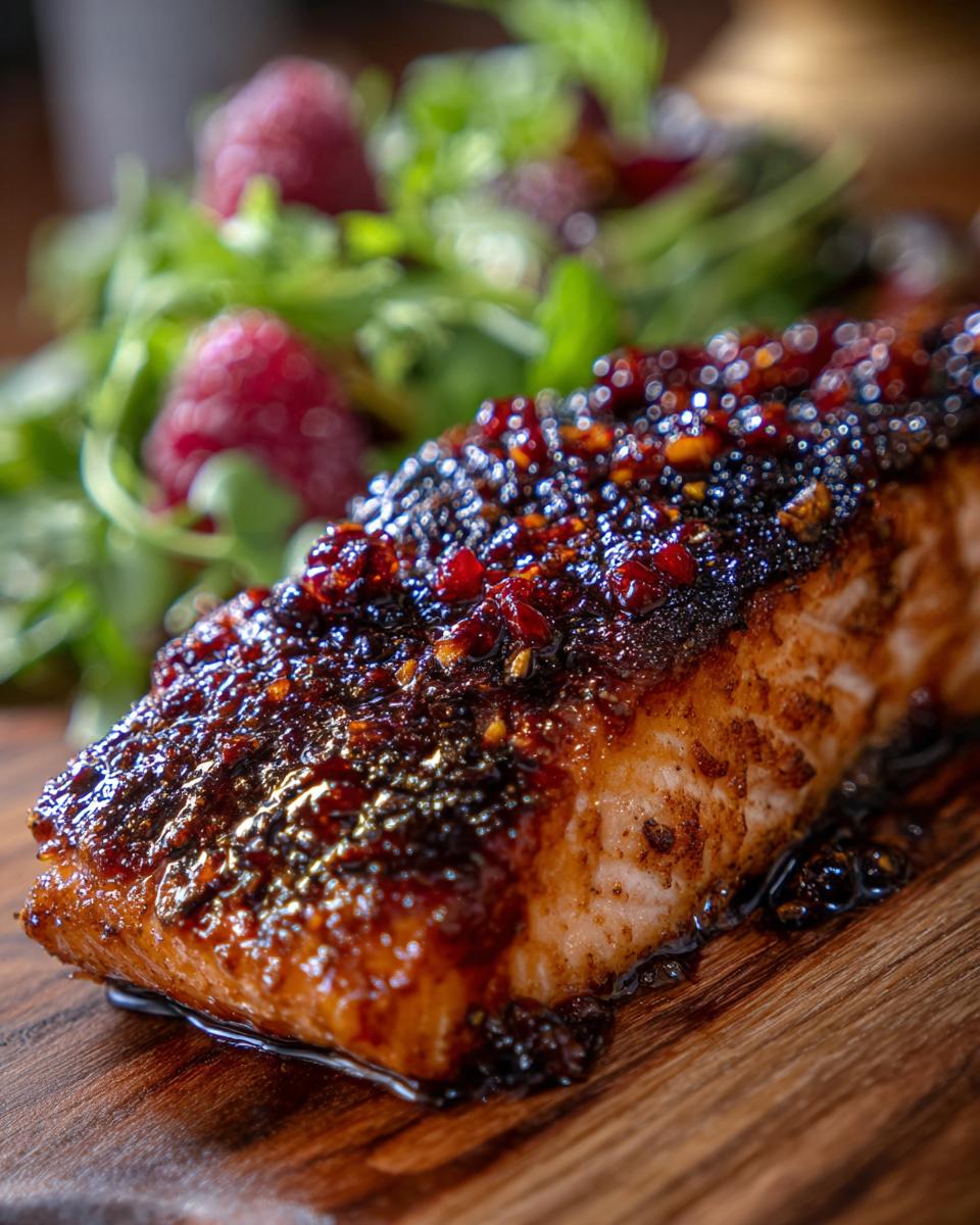 Close-up of seared salmon with raspberry balsamic glaze, served with salad and raspberries.