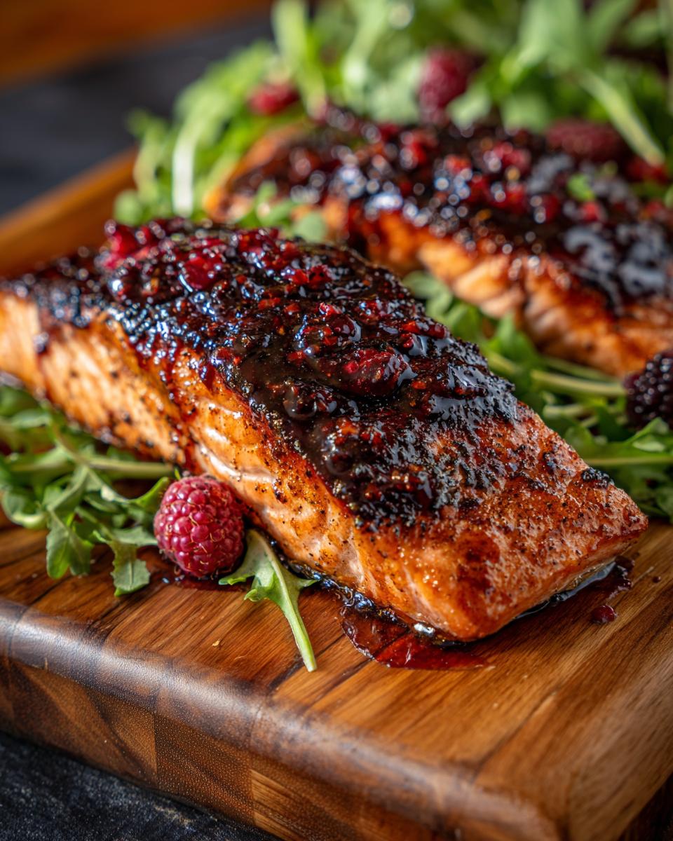 Close-up of seared salmon with raspberry balsamic glaze on a bed of greens.