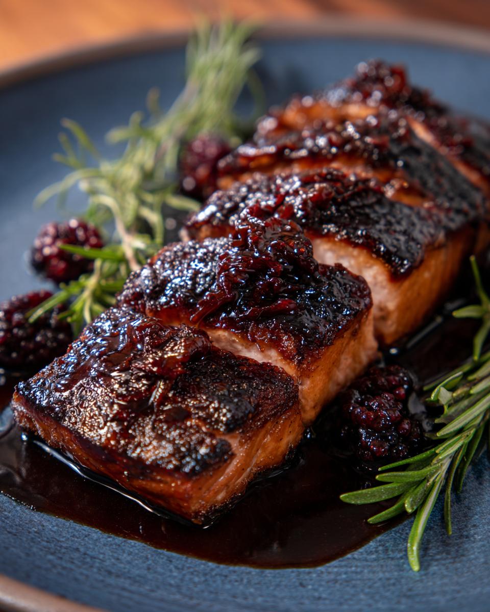 Close-up of seared salmon with raspberry balsamic glaze, garnished with rosemary and blackberries.
