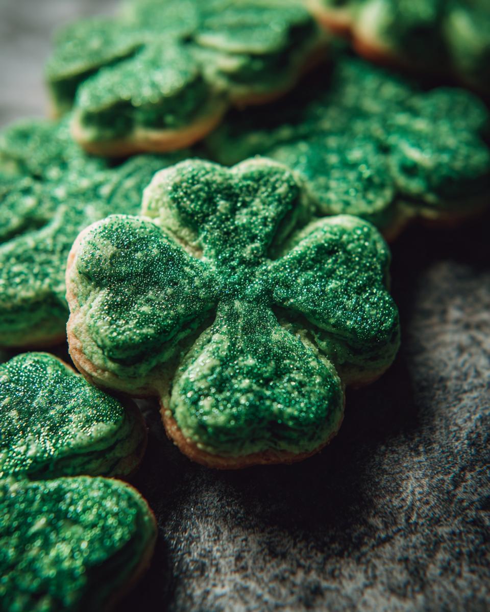 Close-up of green Shamrock Sugar Cookies, perfect for St. Patrick's Day. The cookies are decorated with green sprinkles.