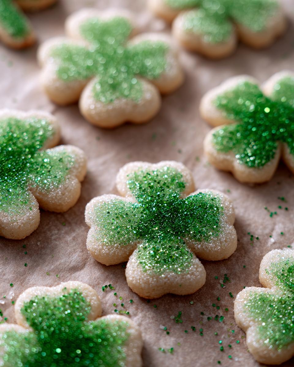Overhead shot of freshly baked Shamrock Sugar Cookies, decorated with green sugar sprinkles.