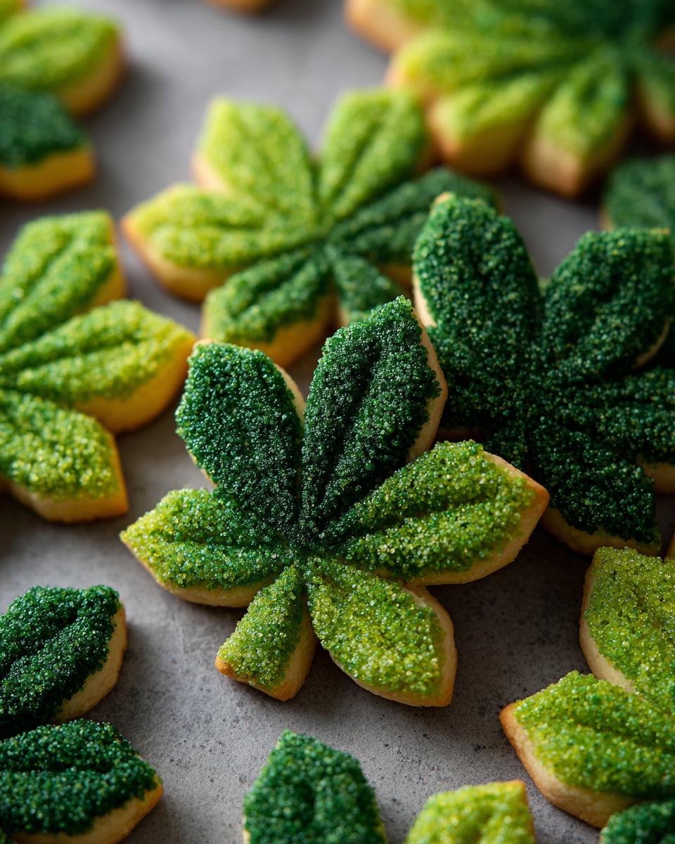 Close-up of freshly baked Shamrock Sugar Cookies covered in green sprinkles, perfect for St. Patrick's Day.
