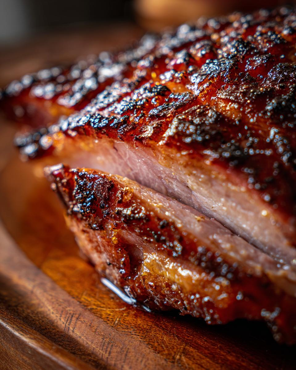 Close-up of sliced Slow Cooker Honey Glazed Ham, showing the tender meat and glazed exterior.