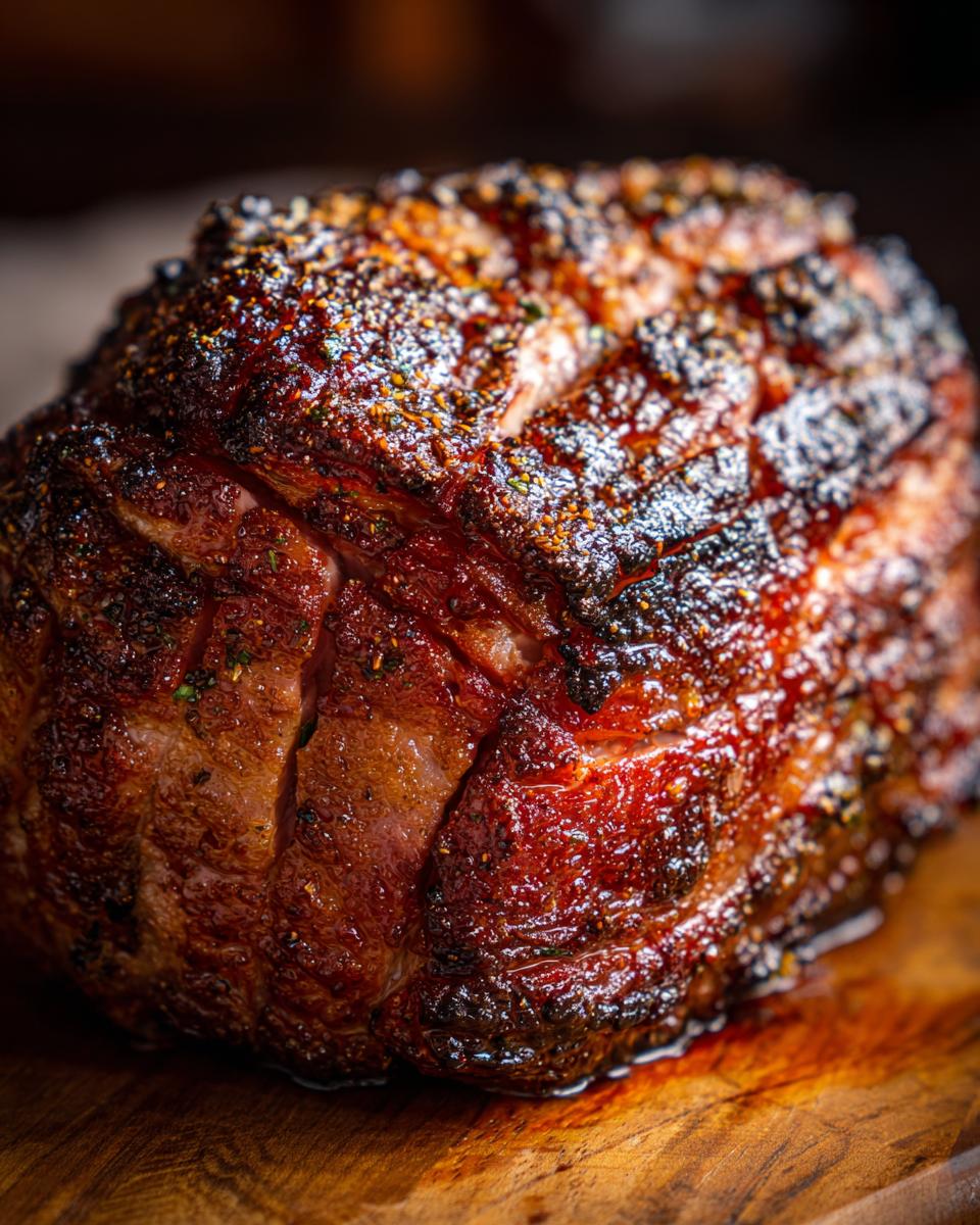 Close-up of a beautifully cooked Slow Cooker Honey Glazed Ham, showing the glazed exterior and juicy meat.