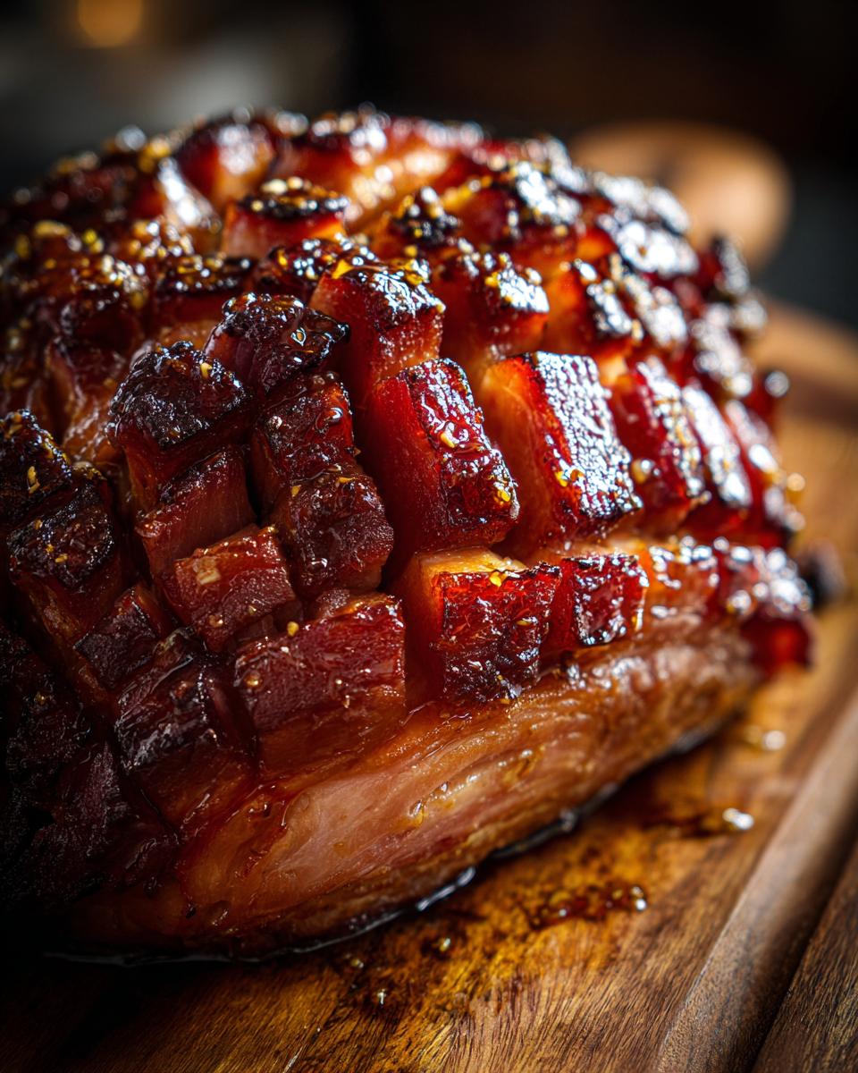 Close-up of a perfectly cooked Slow Cooker Honey Glazed Ham on a wooden cutting board.