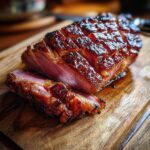 Close-up of sliced Slow Cooker Honey Glazed Ham on a wooden cutting board, showing the juicy interior and glazed exterior.