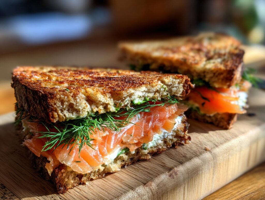 Close-up of a delicious Smoked Salmon Soda Bread Sandwich with fresh dill and cream cheese.