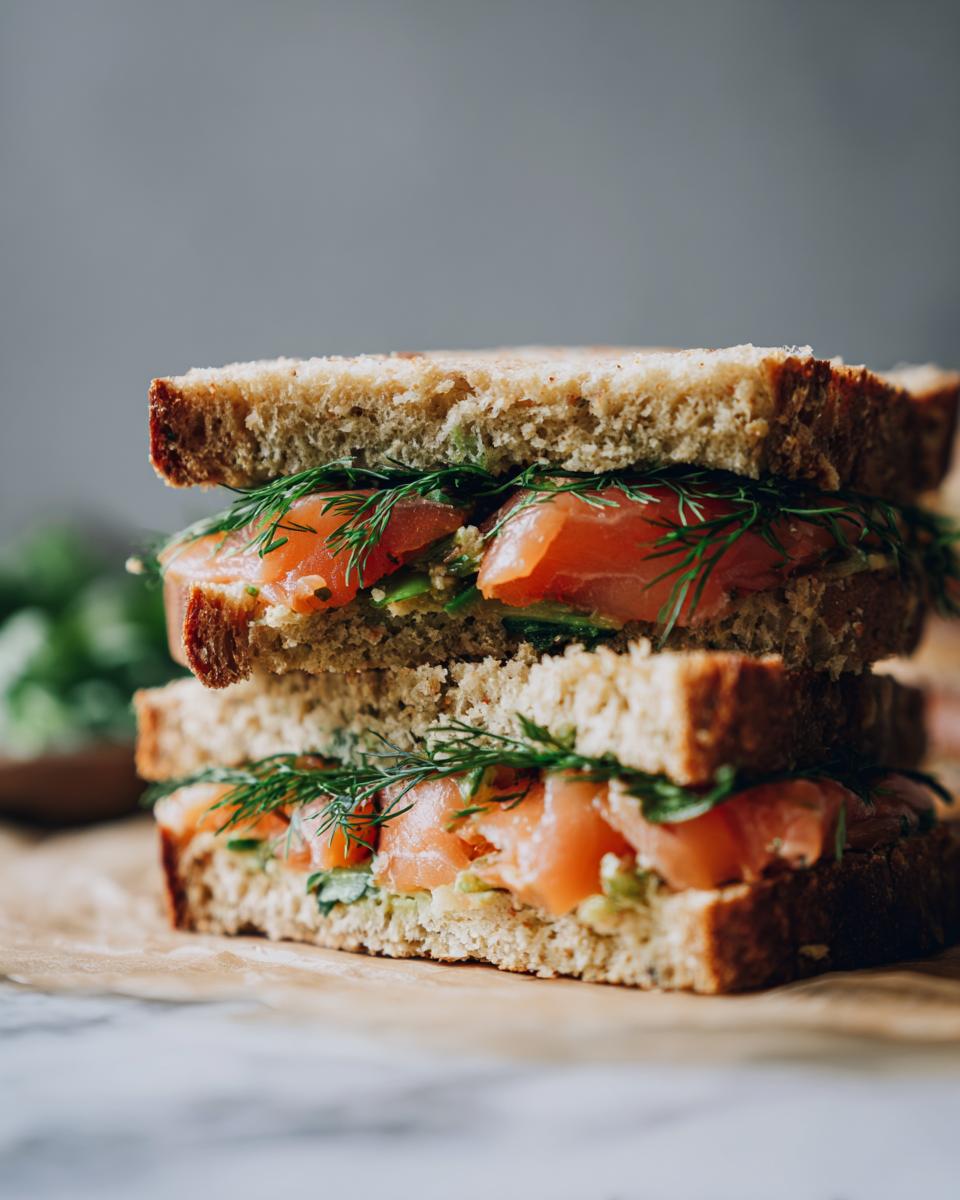 Close-up of a stacked Smoked Salmon Soda Bread Sandwich with dill and avocado.