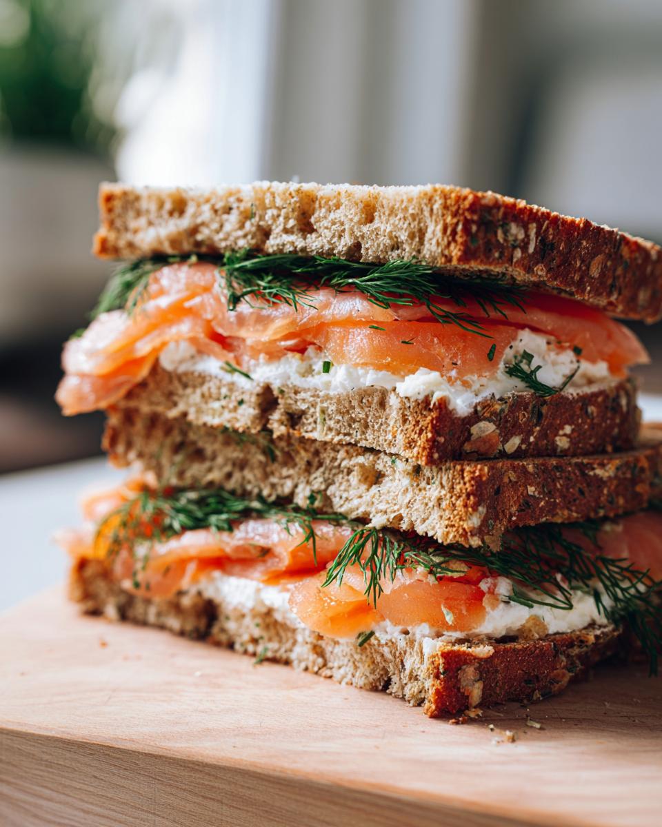 Close-up of a stacked Smoked Salmon Soda Bread Sandwich with cream cheese and dill.