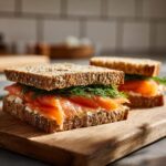 Close-up of a Smoked Salmon Soda Bread Sandwich with dill and cream cheese.