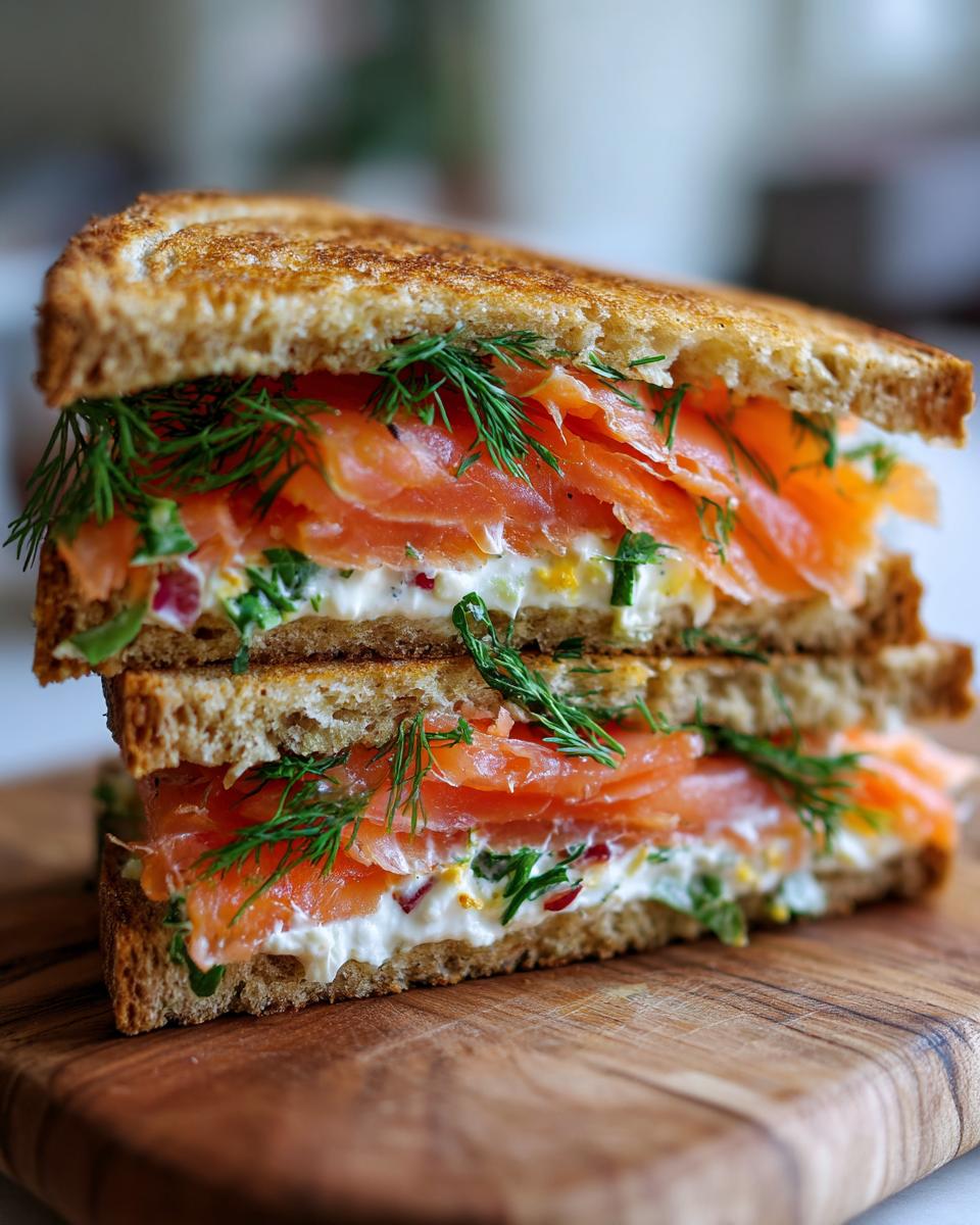 Close-up of a stacked Smoked Salmon Soda Bread Sandwich with dill on a wooden board.