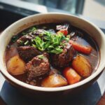 Close-up of a bowl of Spicy Guinness Beef Stew with beef, potatoes, carrots, and herbs.