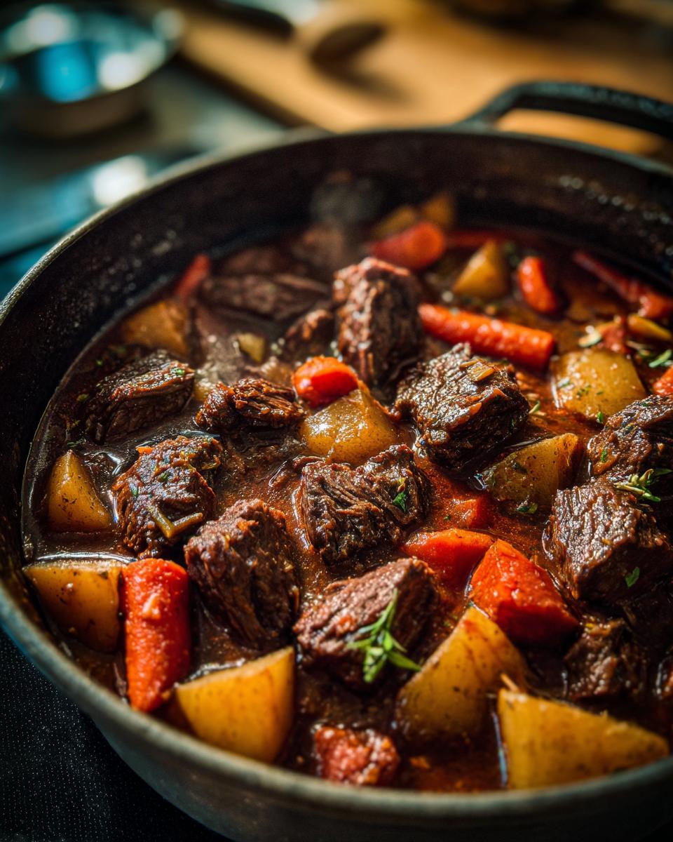 Close-up of a pot of Spicy Guinness Beef Stew with beef chunks, carrots, and potatoes.