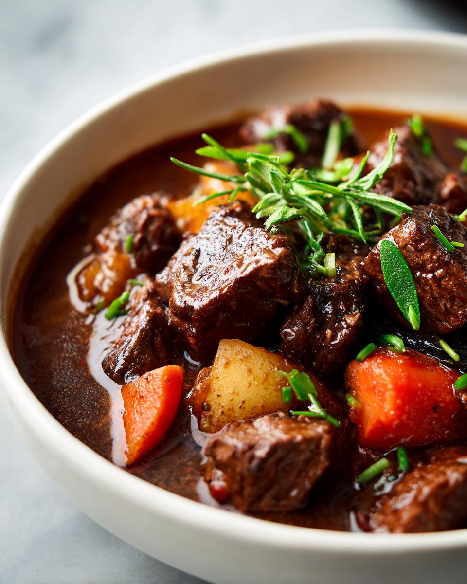 Close-up of a bowl of Spicy Guinness Beef Stew with beef, carrots, potatoes, and herbs.