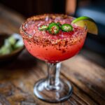 A vibrant Spicy Valentine's Day Margarita in a glass, garnished with jalapenos and a lime wedge.